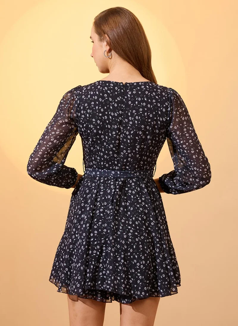 globus Black Globus Women Black Sweetheart Neck Bishop Sleeves Floral Print Playsuit With Belt for Women | Best Price UAE